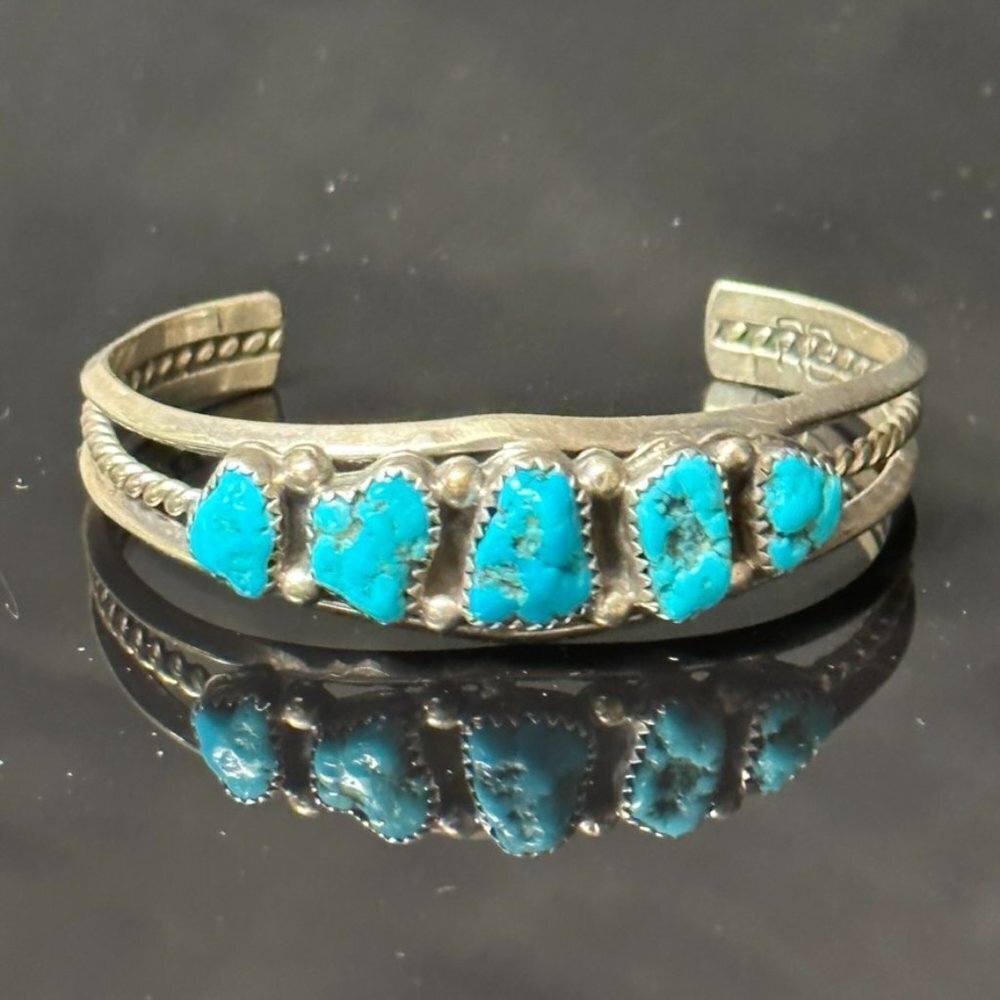 Native American Indian Sterling Silver Genuine Sleeping Beauty Turquoise Cuff - Picture 4 of 9